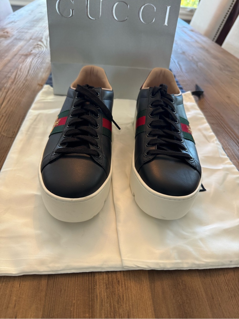 Gucci Black Leather Ace Bee Platform Sneaker Size 39 - Picture 3 of 8
